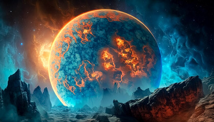 Naklejka na ściany i meble AI Generative Illustration of a Creative Photo of View of a Burning Planet from a Rocky World