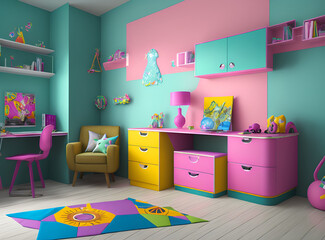Children's bedroom illustration. Have colorful furniture and wall paint to make it look cheerful. Wall decorations that attract children's attention. Colorful curtain fabric