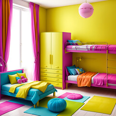 Children's bedroom illustration. Have colorful furniture and wall paint to make it look cheerful. Wall decorations that attract children's attention. Colorful curtain fabric