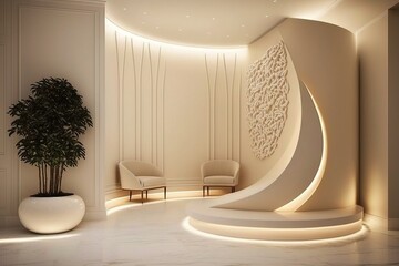 Environment, small lobby, white curved feature wall, white linear paneling, warm lighting, beige terazzo floor created by generative AI