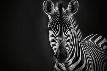 Fototapeta na wymiar Portrait of a zebra in black and white. A wild animal from Africa looks at the camera. Eyes in focus on a zebra with a shallow depth of field. Design template for a home interior poster or painting on