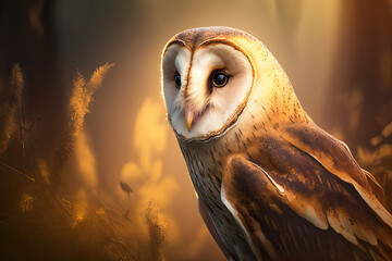 Beautiful close up of a Barn Owl with dramatic lighting and jungle background, generative AI