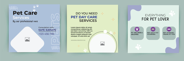 Pet care shop and food post template banner cover. Pet social media post Template or web banner template. Pet service promotional banner ads design