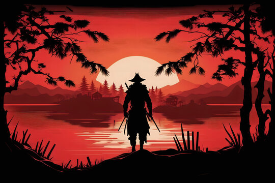Illustration of Japanese samurai watch sunset with mountain and a lake background, red, white and black artistic art. good for T-shirt, poster, canvas, mug, cover and other.