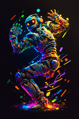 Colorful robot dancing on black background. Generative AI.