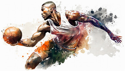 Watercolor image of basketball player. Generative AI.