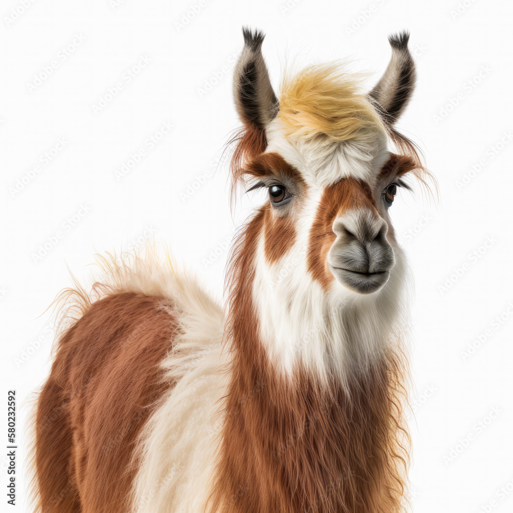 Poster llama is standing in front of white background. generative ai.