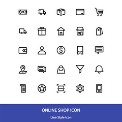 Online shop icon pack in outline style vector design