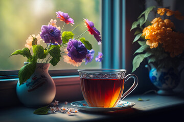 Cup of tea sits on window sill next to some flowers. Generative AI.