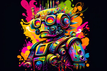 Image of robot with colorful paint splatters. Generative AI.
