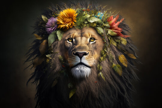 Image of lion with flowers on its head. Generative AI.