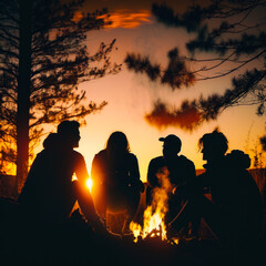 Group of people sitting around campfire at sunset. Generative AI.