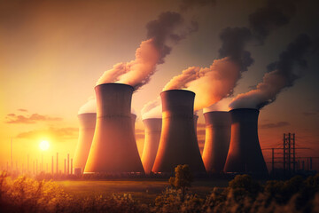 Nuclear power plants with smoke coming out of them at sunset. Generative AI.