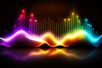 Colorful sound waves on black background. Generative AI.