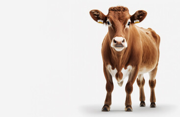 Brown cow standing in front of white background. Generative AI.