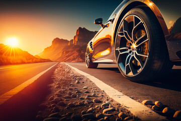 Car driving on desert road at sunset. Generative AI.