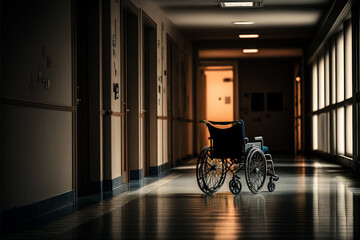 Wheelchair sits in an empty hallway of hospital. Generative AI.