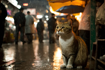 Cat sitting in the rain on wet street. Generative AI.