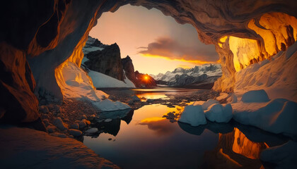 The sun is setting in cave with ice and snow. Generative AI.
