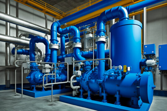 Blue pipes and valves in large industrial building. Generative AI.