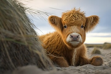 Highland Cattle (Bos Primigenius Taurus), Calf, Portrait of An Animal, Henne Strand, Region of Southern Denmark, Denmark. Generative AI - obrazy, fototapety, plakaty