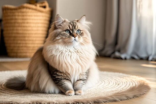 The fluffy Siberian cat is sitting on the wicker rug made of jute. On the hardwood floor in the living room is a beautiful purebred cat with long hair. Copy space, close up, white wall in the backgrou