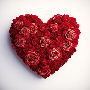 Heart shaped arrangement of red roses on white background. Generative AI.