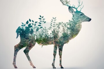 Double exposure or double exposition photo montage of a deer with leaves and other plants. Generative AI