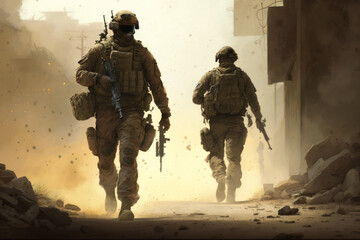 Two soldiers are walking down street with smoke in the background. Generative AI.