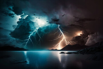Lightning strikes over body of water with mountains in the background. Generative AI.