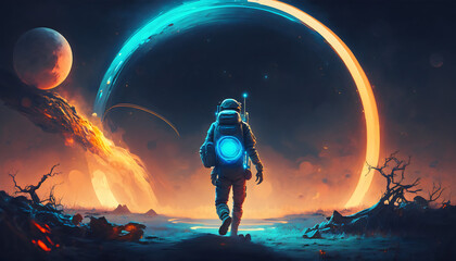 The Explorer: Spaceman in Digital Art Style Illustration Walking on a Planet with Blue Ring Light, Generative AI