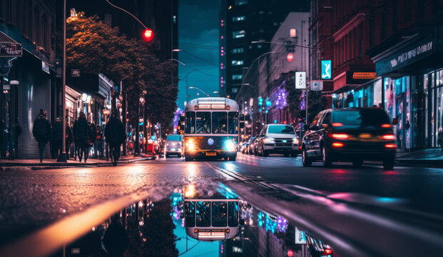An image of city street at night. Generative AI.