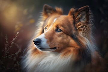 Fototapeta na wymiar red sheltie dog . A portrait of a pet in nature with bokeh. Generative AI