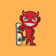cute cartoon devil playing skateboard