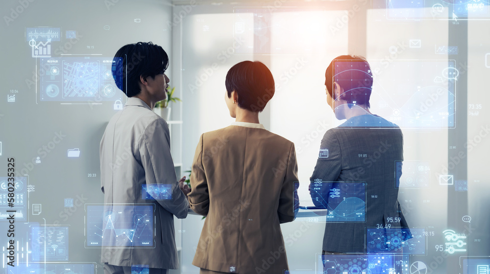 Aufkleber group of businesspeople meeting in office and data technology concept. digital transformation.