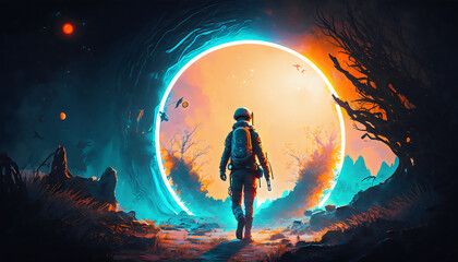 Digital Art Style Illustration of a Spaceman Walking on a Planet with a Glowing Blue Ring Light, Generative AI