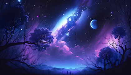 Fototapeta na wymiar Starry Night Sky Epic Fantasy Landscape of Purple Galaxies | Moonlit Reflection Soothing Fantasy Wallpaper Tree lined Oceans | Otherworldly Landscape Colorful View Fantasy Planet and Aurora