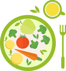 A plate with vegetables and fruits standing on the table and a fork, juice in a glass in flat