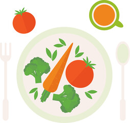 A plate with vegetables standing on the table and a spoon, fork, a glass of juice