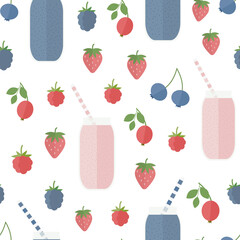 Seamless pattern with smoothie or juice bottles and berries, repeat cute background in flat
