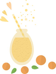 Smoothie or juice in a glass bottle with a straw for cocktail and oranges, mint, hearts in flat