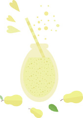 Yellow smoothie or juice in a glass bottle with a straw for cocktail and pears, mint, hearts in flat