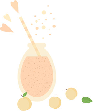 Smoothie or juice in a glass bottle with a straw for cocktail and peaches, mint, hearts in flat style