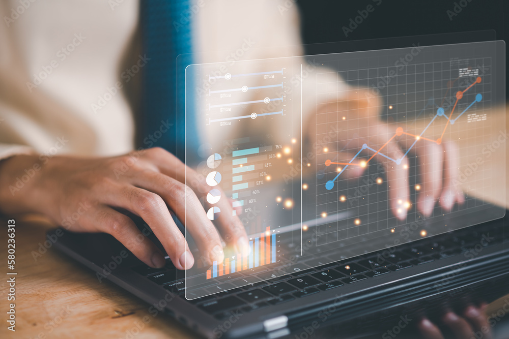 Poster Businessman reading graph report and business statistics charts ,Analysis and improvement of corporate strategy ,manage financial and marketing documents , Statistics and Data Concepts