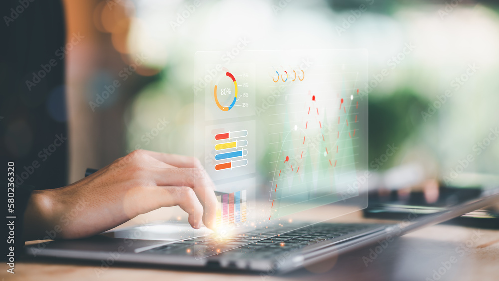 Poster businessman reading graph report and business statistics charts ,analysis and improvement of corpora