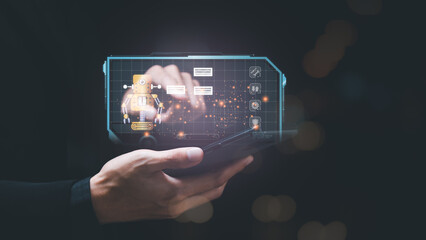 Smart phone in hands of a businessman ,artificial intelligence ,Communication and interaction with technology ,Big data collection to process results ,Chatbot Chat with AI ,ChatGPT ,robot application