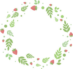 Fototapeta premium Round frame of strawberries and green leaves and twigs in flat