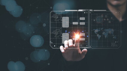 Businessman showing work order through the virtual screen ,artificial intelligence ,Communication and interaction with technology ,Big data collection to process results ,Chatbot Chat with AI