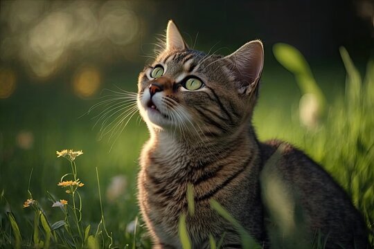 Cat wilts on the ground, tongue hanging out, as the temperature rises. Tabby house cat taking a stroll in the fresh air. The feline is relaxing in the green grass, its mouth wide. Take your cat for a