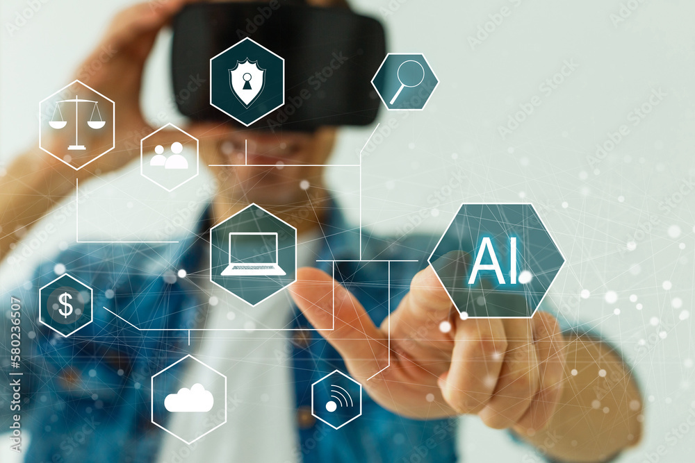 Poster artificial intelligence industry. integration computing concept. man presses brain ai gears button o